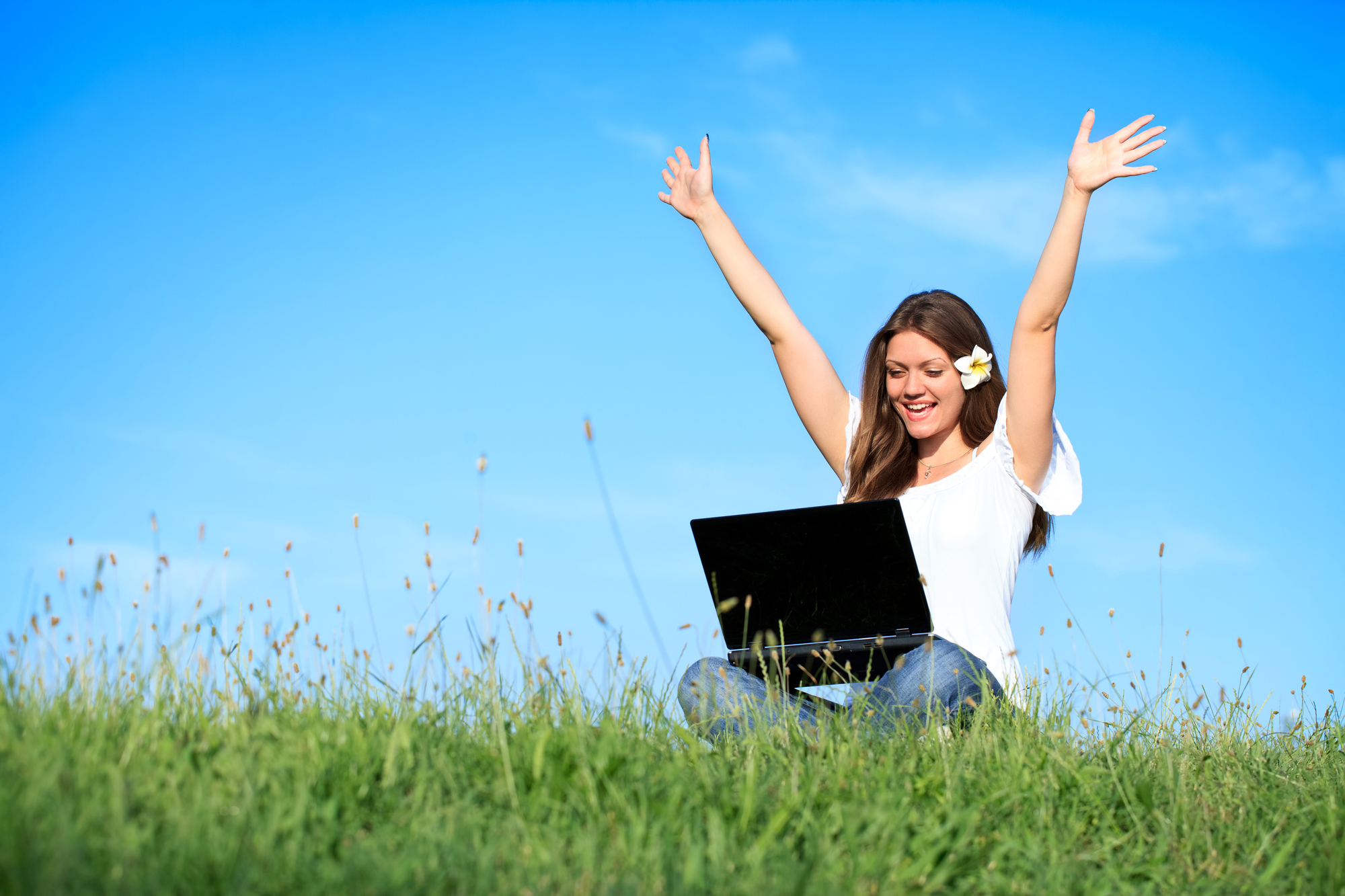 happiness woman working with laptop, outdoor